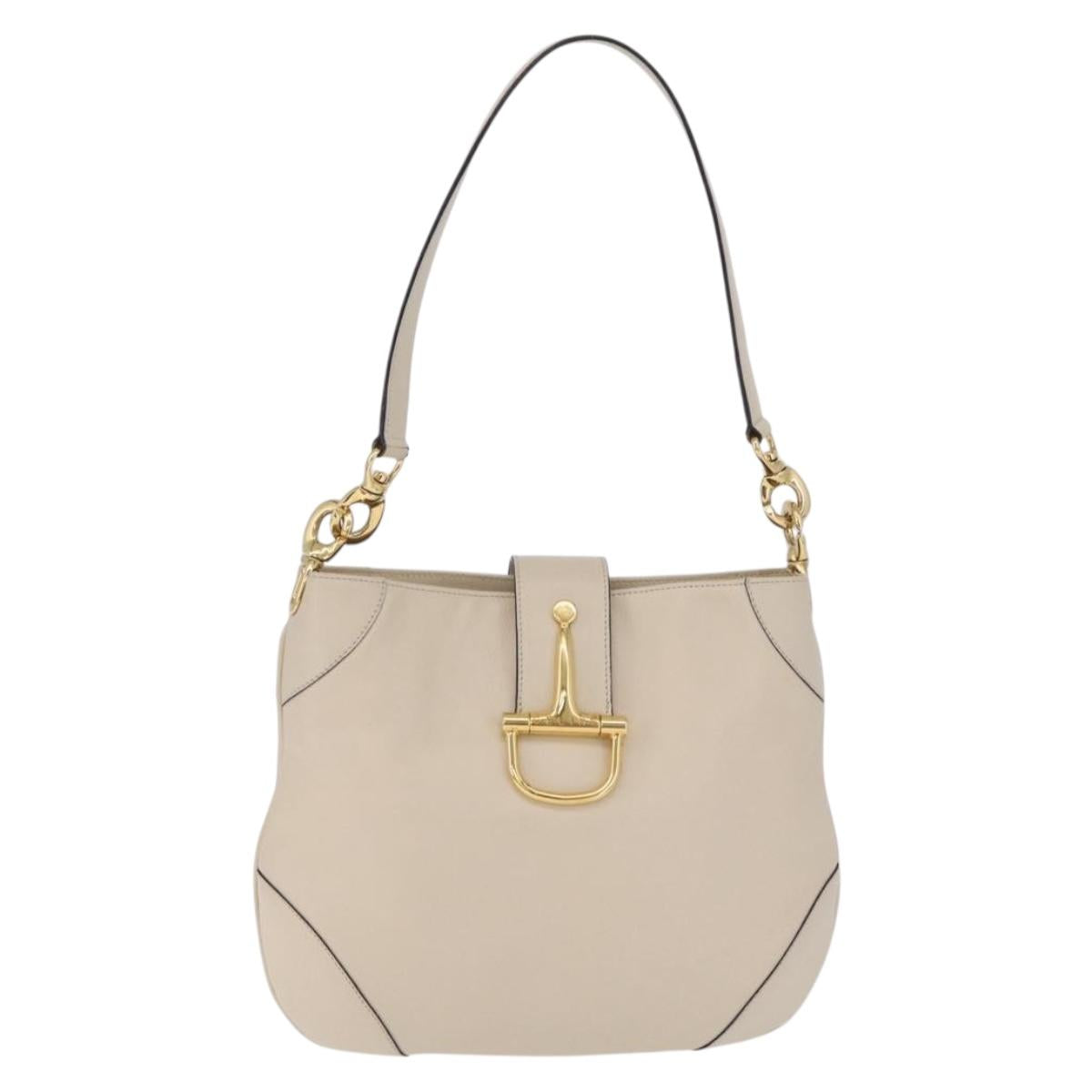 CELINE Horsebit Shoulder Bag Leather Ivory Gold Auth 210939V