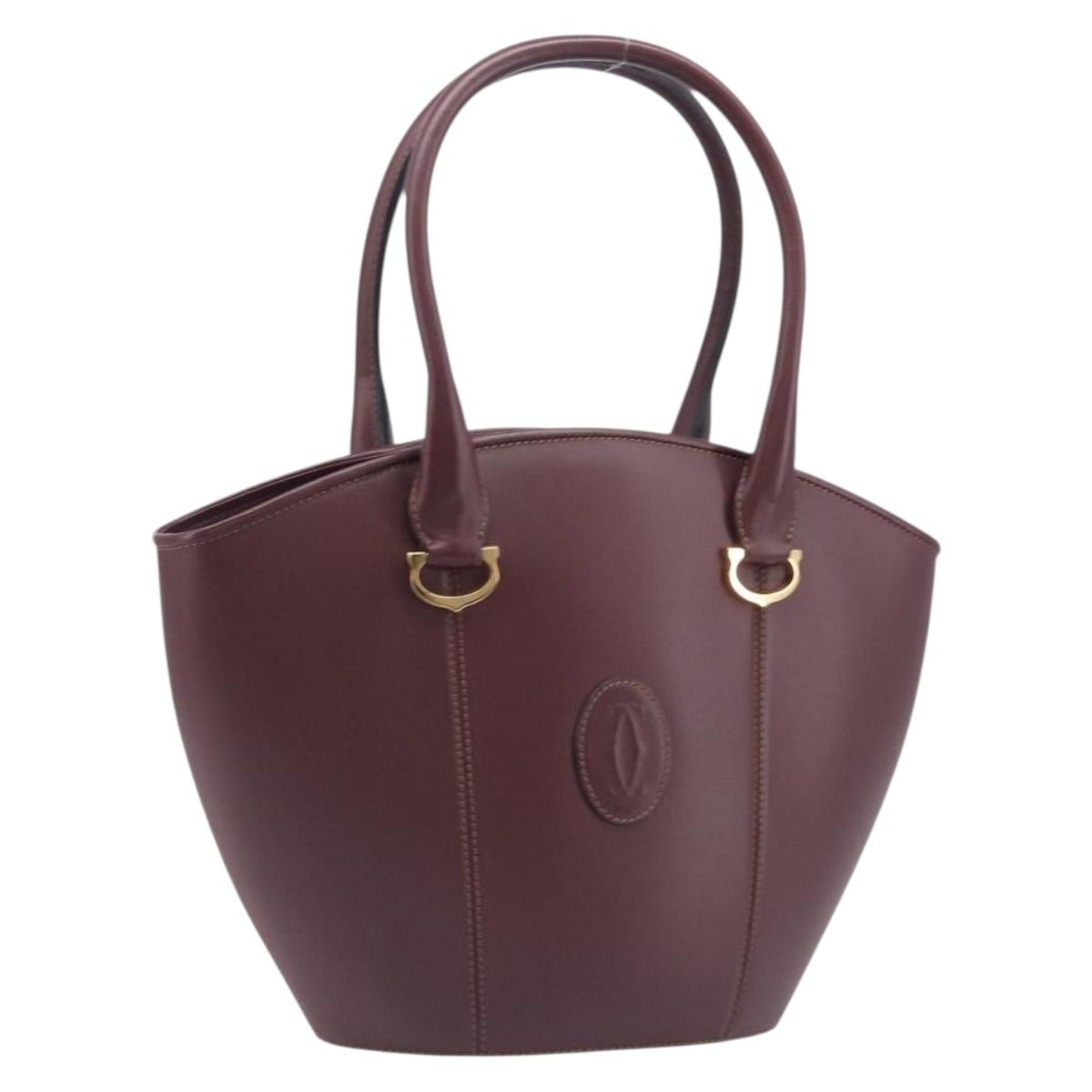 Cartier Must Line Hand Bag Leather Bordeaux Gold Auth 210942V