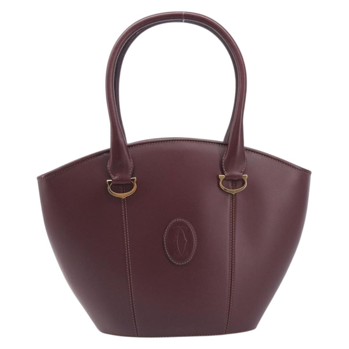 Cartier Must Line Hand Bag Leather Bordeaux Gold Auth 210942V