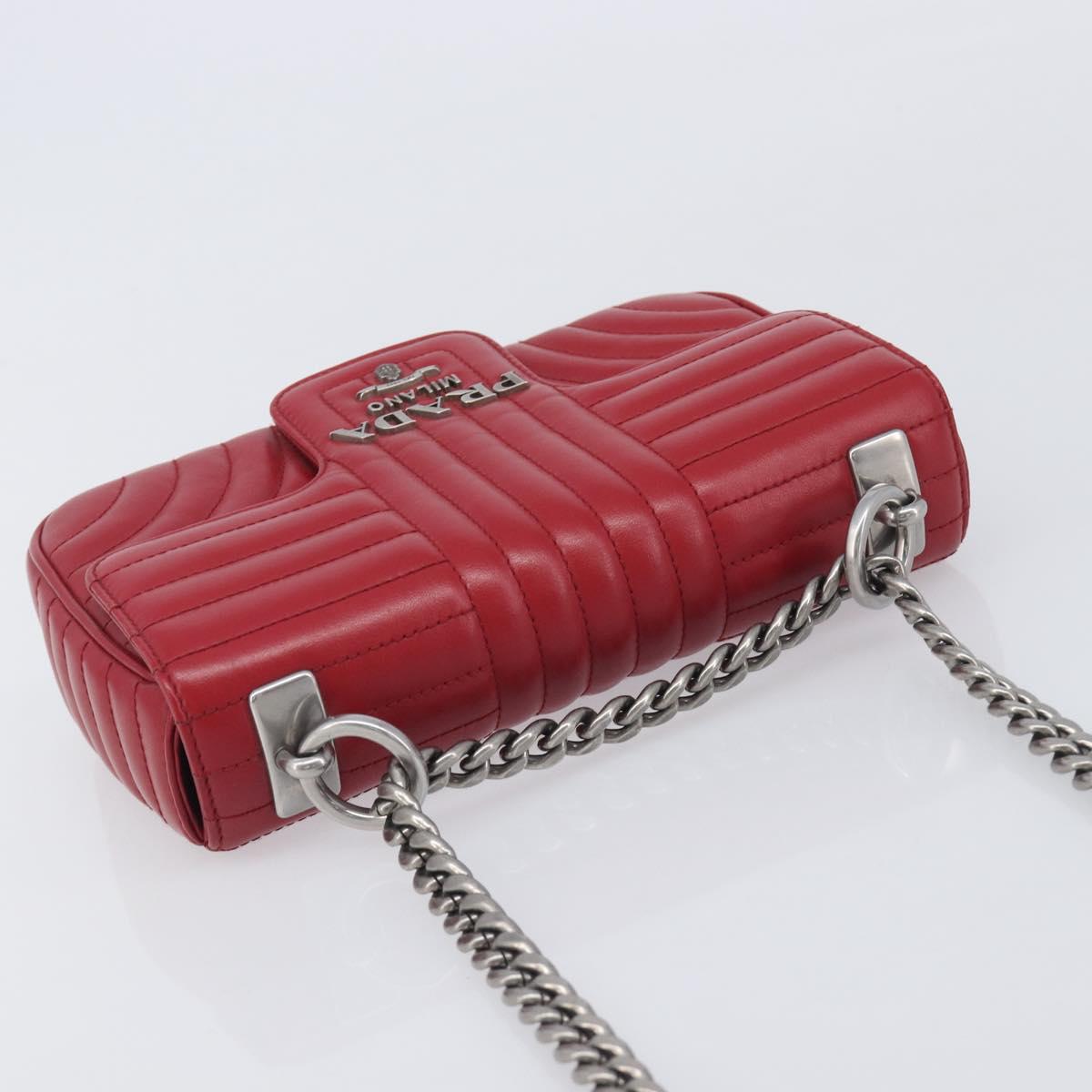 PRADA Chain Shoulder Bag Leather Red Silver Auth 210945V