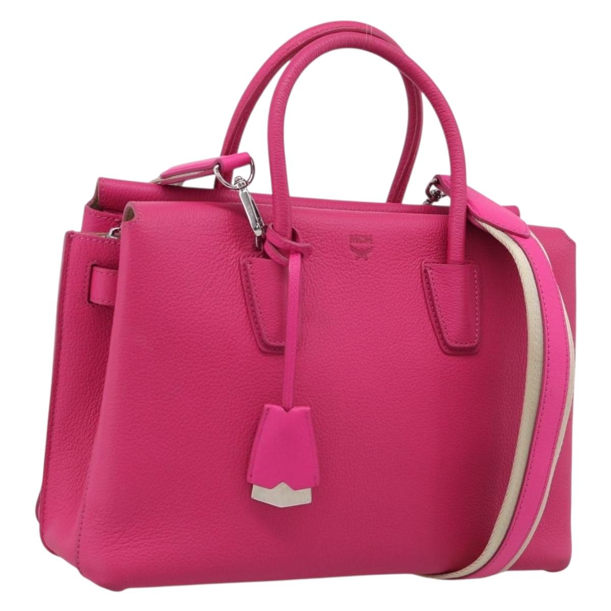 MCM Hand Bag Leather 2way Pink Silver Auth 210949A