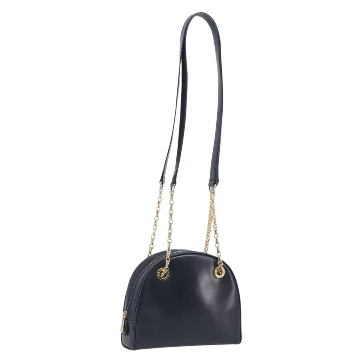 CELINE Circle Chain Shoulder Bag Leather Navy Gold Auth 210950
