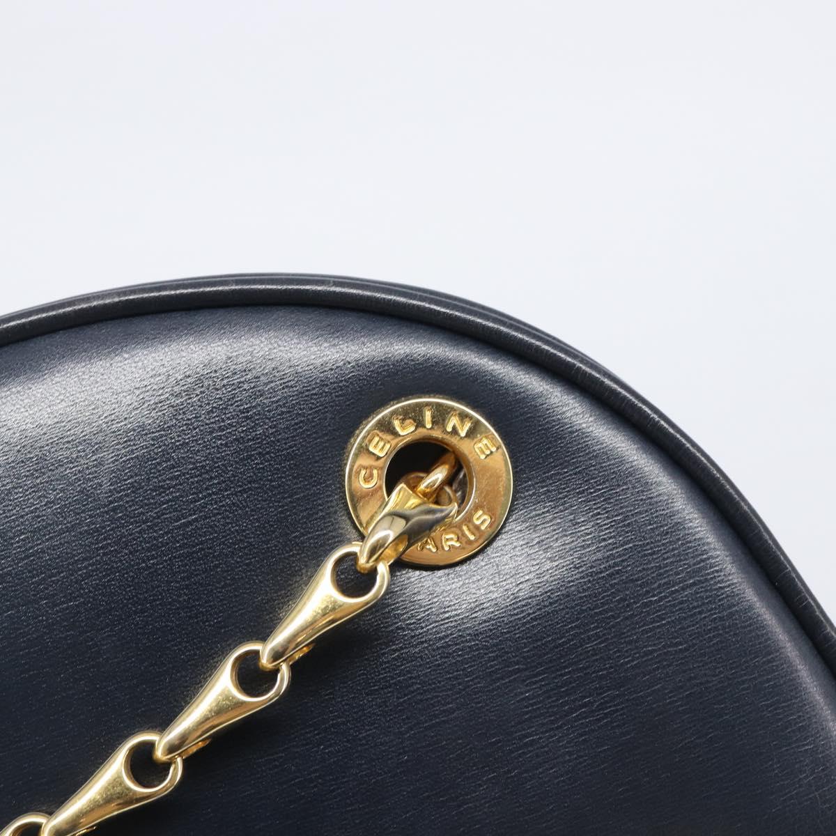 CELINE Circle Chain Shoulder Bag Leather Navy Gold Auth 210950