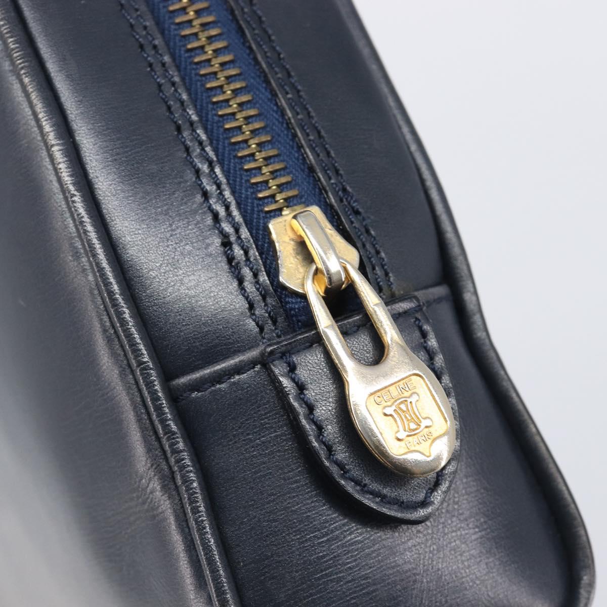 CELINE Circle Chain Shoulder Bag Leather Navy Gold Auth 210950
