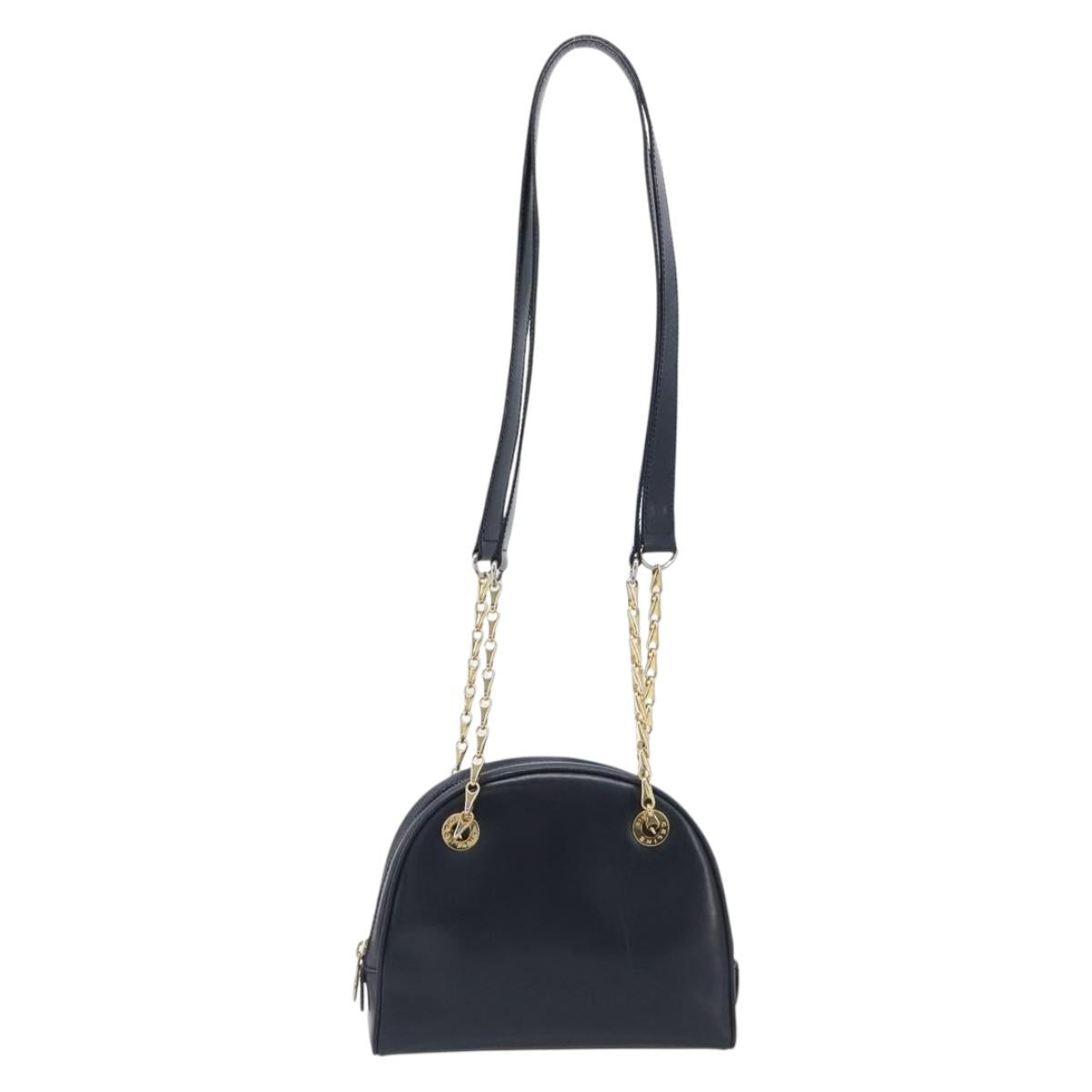 CELINE Circle Chain Shoulder Bag Leather Navy Gold Auth 210950