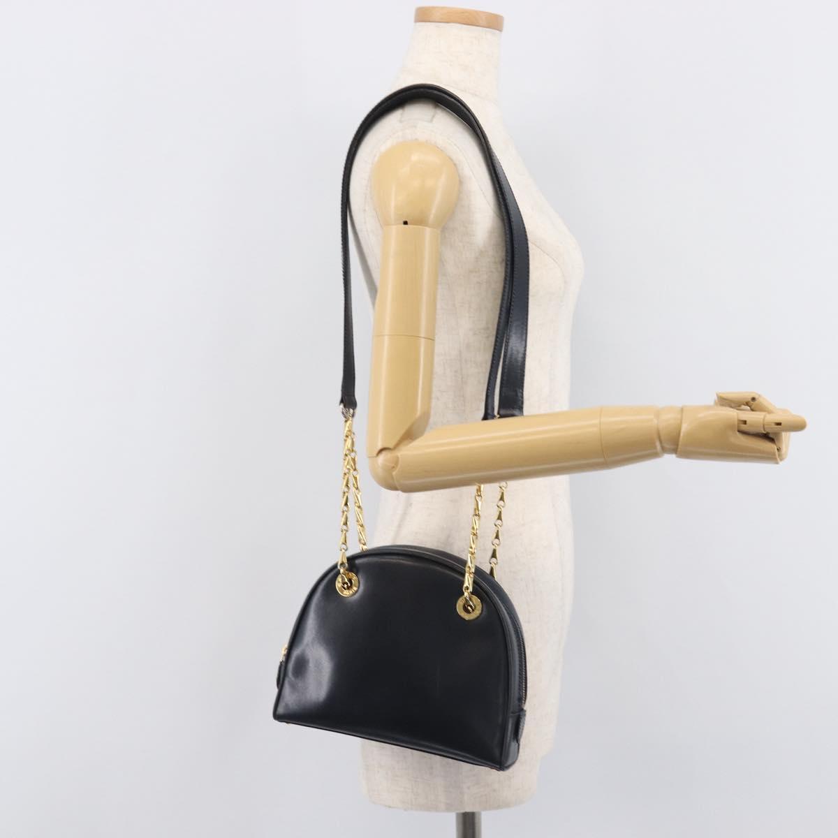 CELINE Circle Chain Shoulder Bag Leather Navy Gold Auth 210950