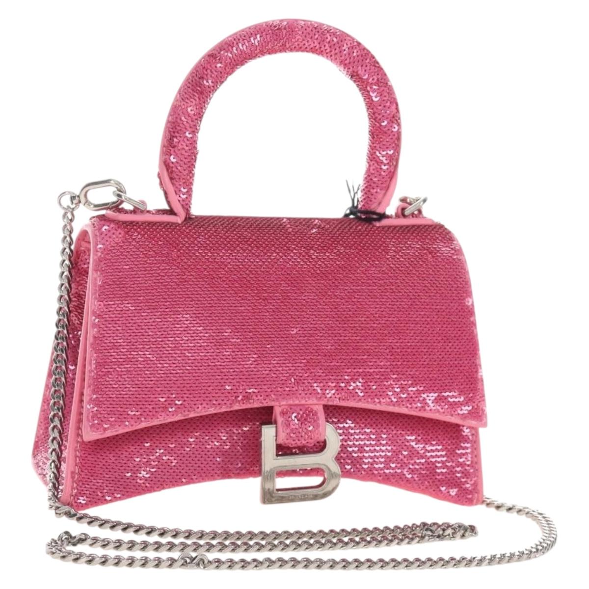 Balenciaga Hourglass XS Hand Bag Leather Sequins 2way Pink Silver Auth 210952SAM