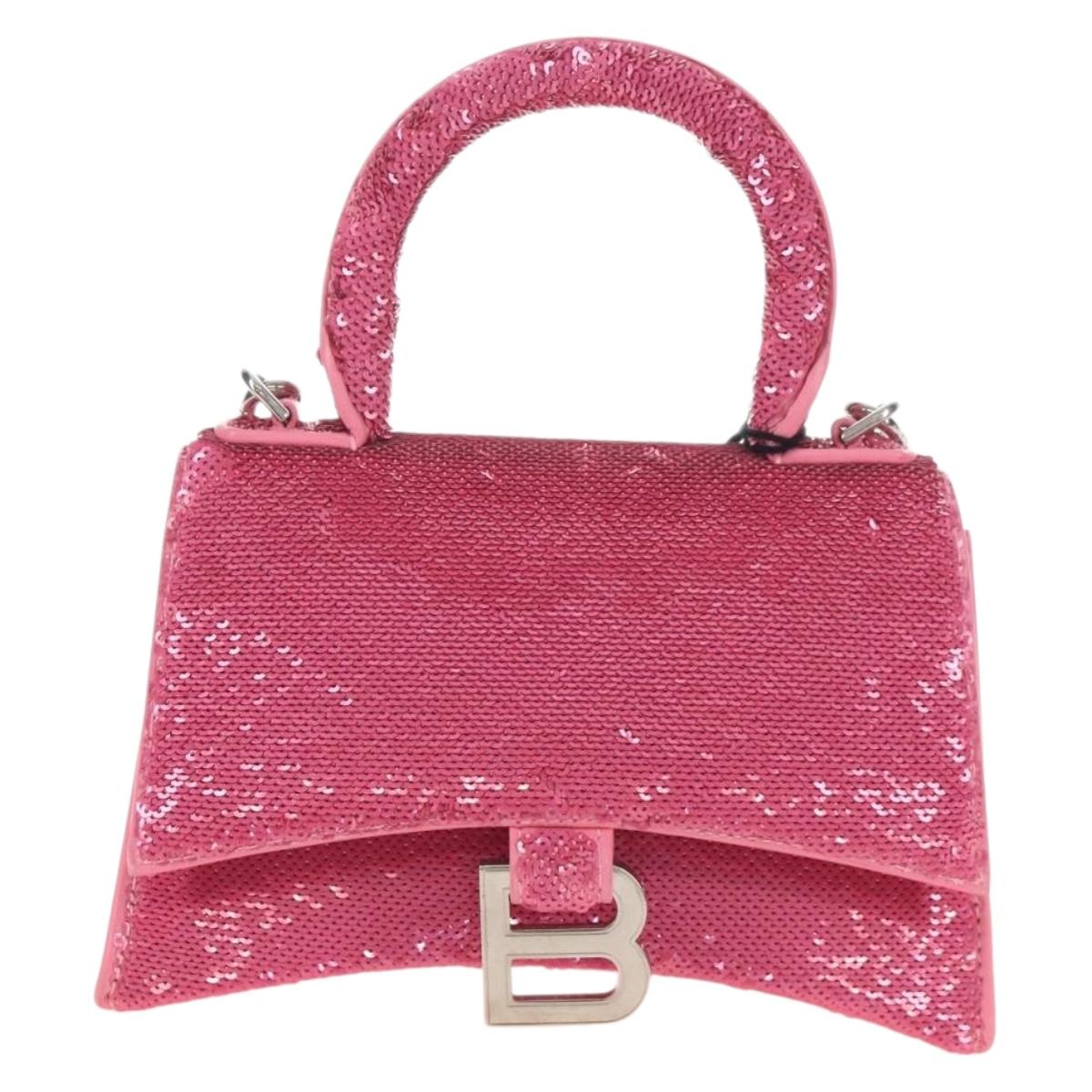 Balenciaga Hourglass XS Hand Bag Leather Sequins 2way Pink Silver Auth 210952SAM