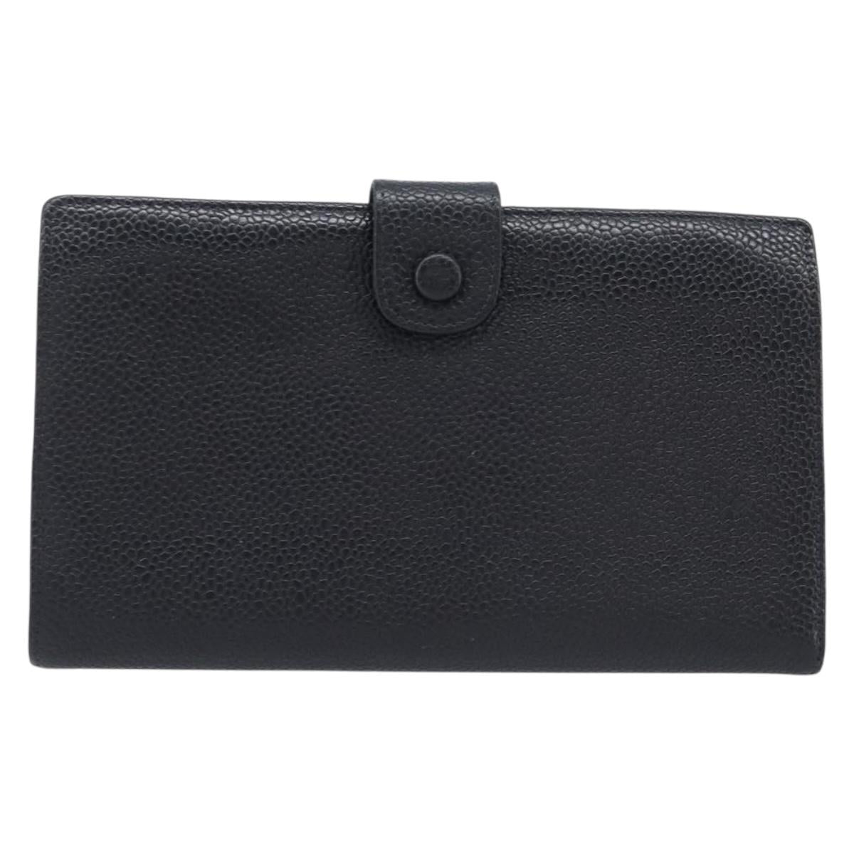 CHANEL Matelasse Long Wallet Caviar Skin Black Gold CC Auth 210957V