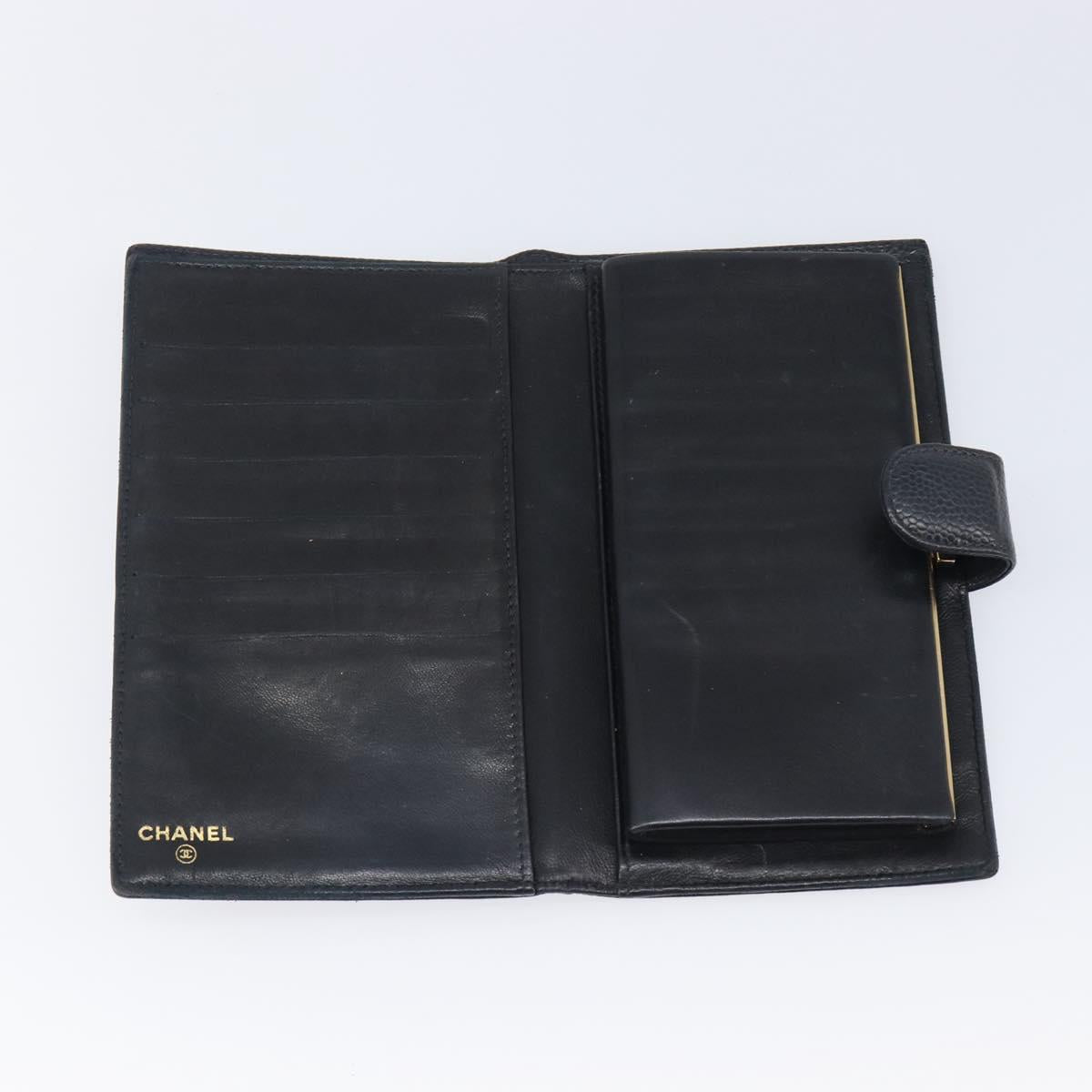 CHANEL Matelasse Long Wallet Caviar Skin Black Gold CC Auth 210958V