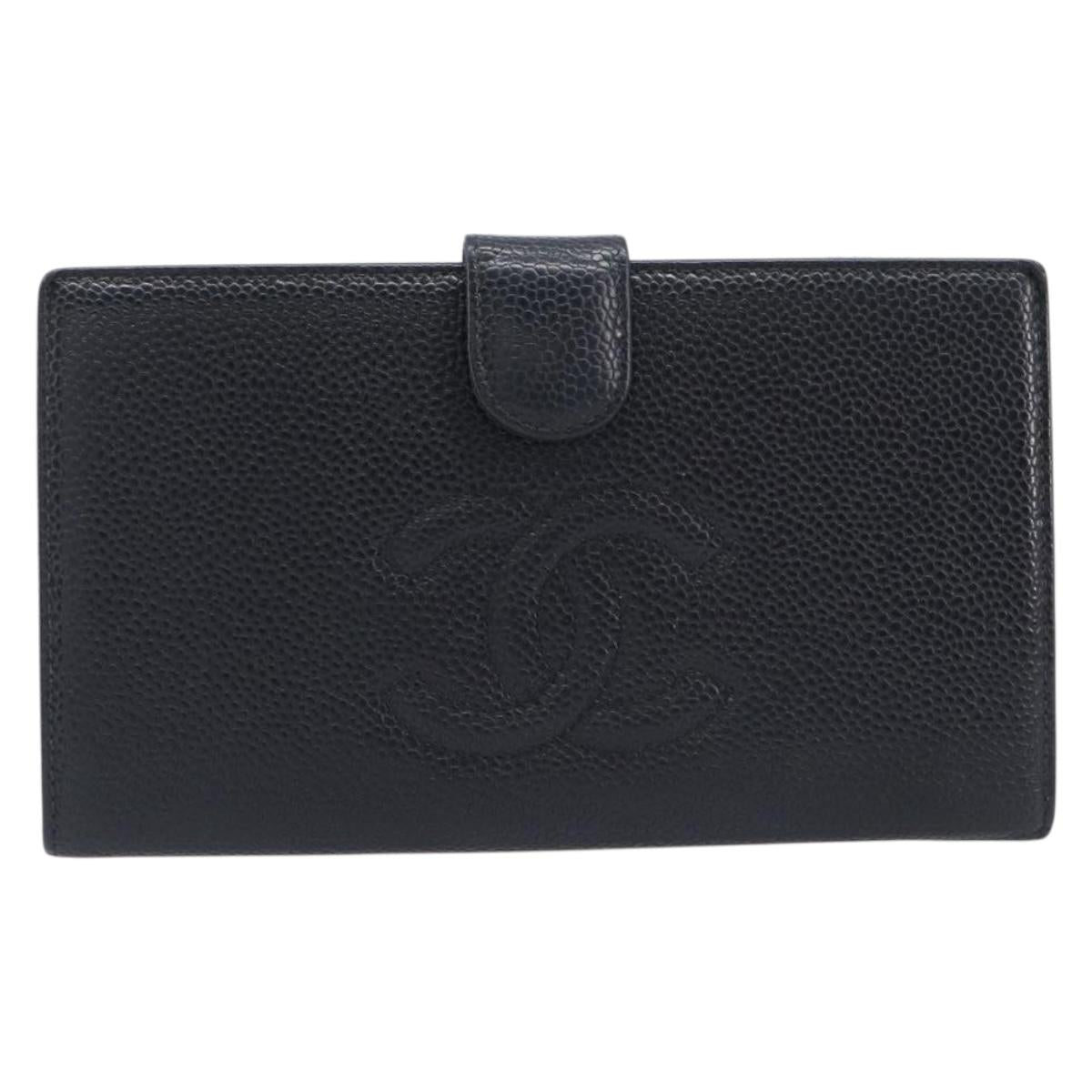 CHANEL Matelasse Long Wallet Caviar Skin Black Gold CC Auth 210958V