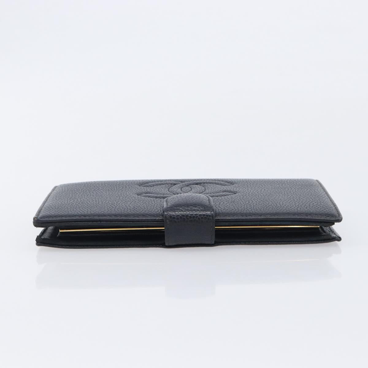 CHANEL Matelasse Long Wallet Caviar Skin Black Gold CC Auth 210958V