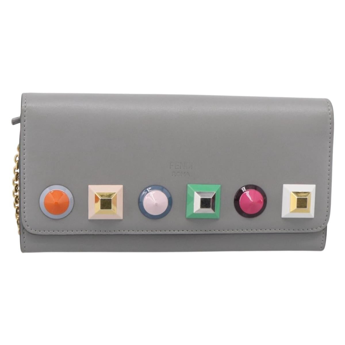 FENDI Chain Wallet Shoulder Bag Leather Gray Gold 8M0365 Auth 210972A