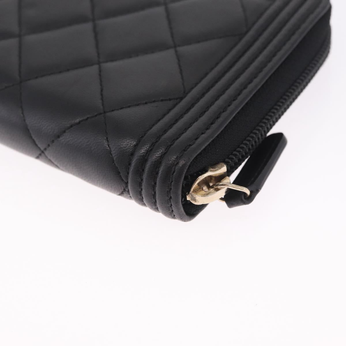 CHANEL Matelasse Boy Chanel Long Wallet Lamb Skin Black Gold CC Auth 210973M