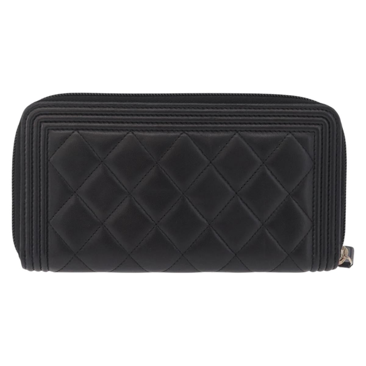 CHANEL Matelasse Boy Chanel Long Wallet Lamb Skin Black Gold CC Auth 210973M