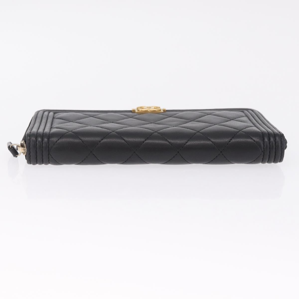 CHANEL Matelasse Boy Chanel Long Wallet Lamb Skin Black Gold CC Auth 210973M