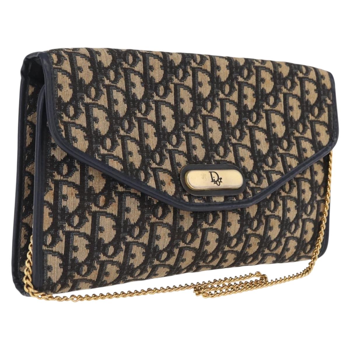 Christian Dior Trotter Canvas Chain Shoulder Bag Navy Gold Tone Auth 211003