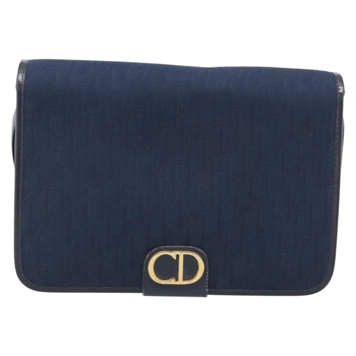 Christian Dior Trotter Canvas Shoulder Bag Navy Gold Tone Auth 211012