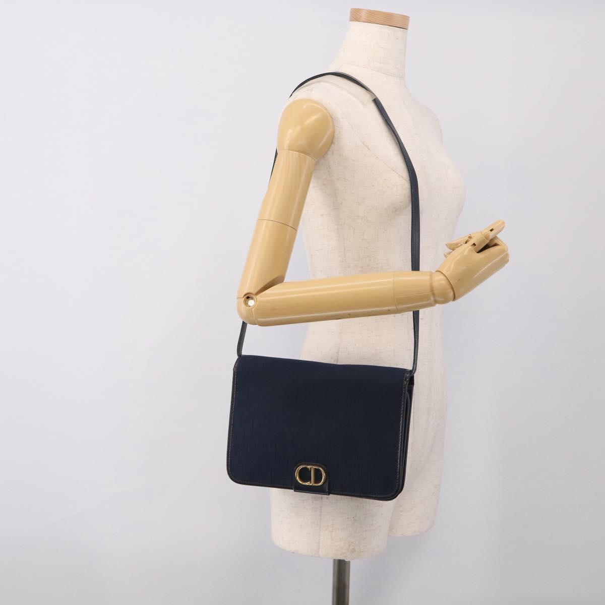 Christian Dior Trotter Canvas Shoulder Bag Navy Gold Tone Auth 211012