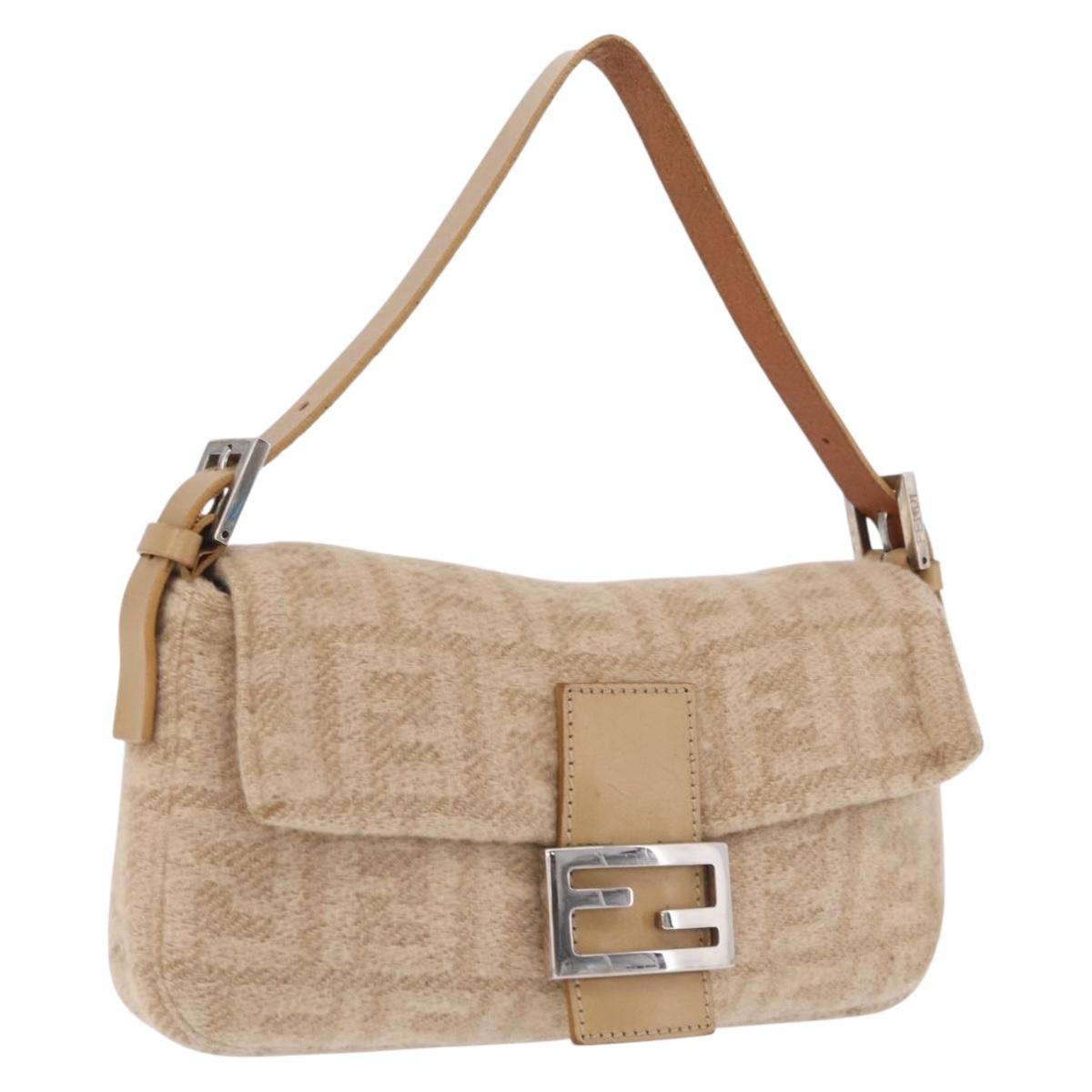 FENDI Zucca Canvas Mamma Baguette Shoulder Bag Wool Beige Silver Auth 211029V