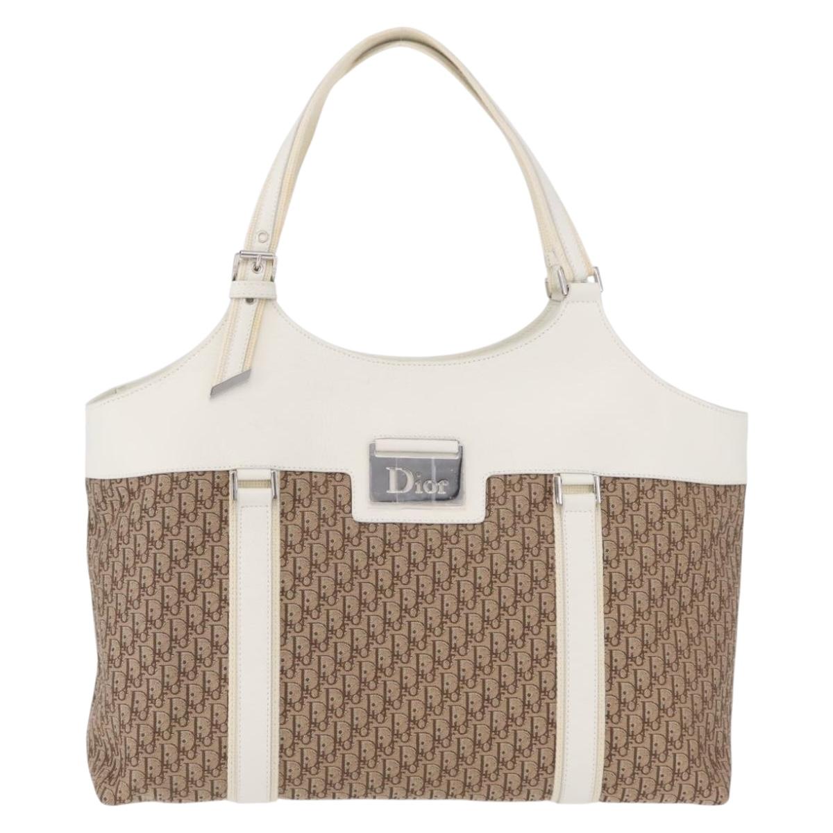 Christian Dior Trotter Canvas Tote Bag Beige Silver Auth 211034V