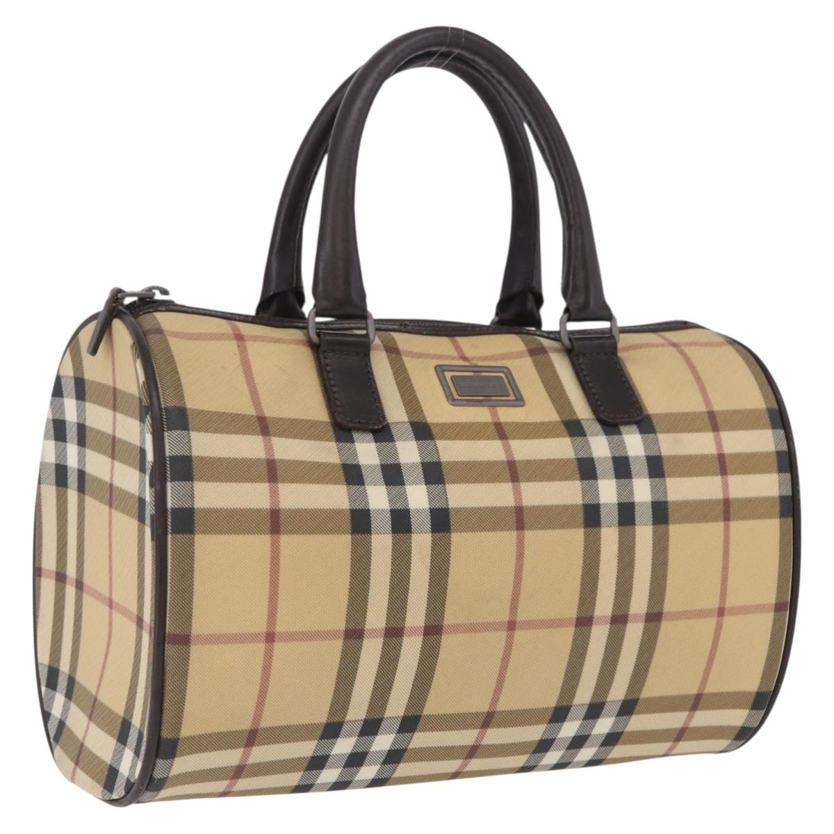 BURBERRY Nova Check Boston Bag PVC Beige Silver Auth 211035