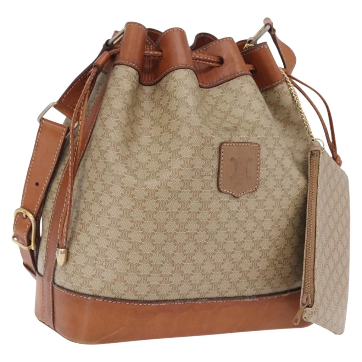 CELINE Macadam Shoulder Bag PVC Beige Gold Tone Auth 211036