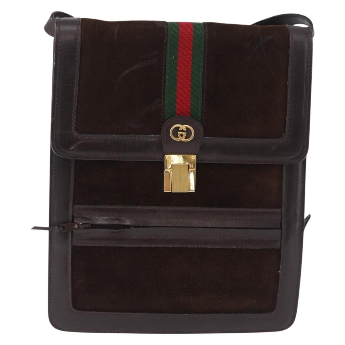 GUCCI Web Sherry Line Shoulder Bag Suede Brown Gold Tone Auth 211045