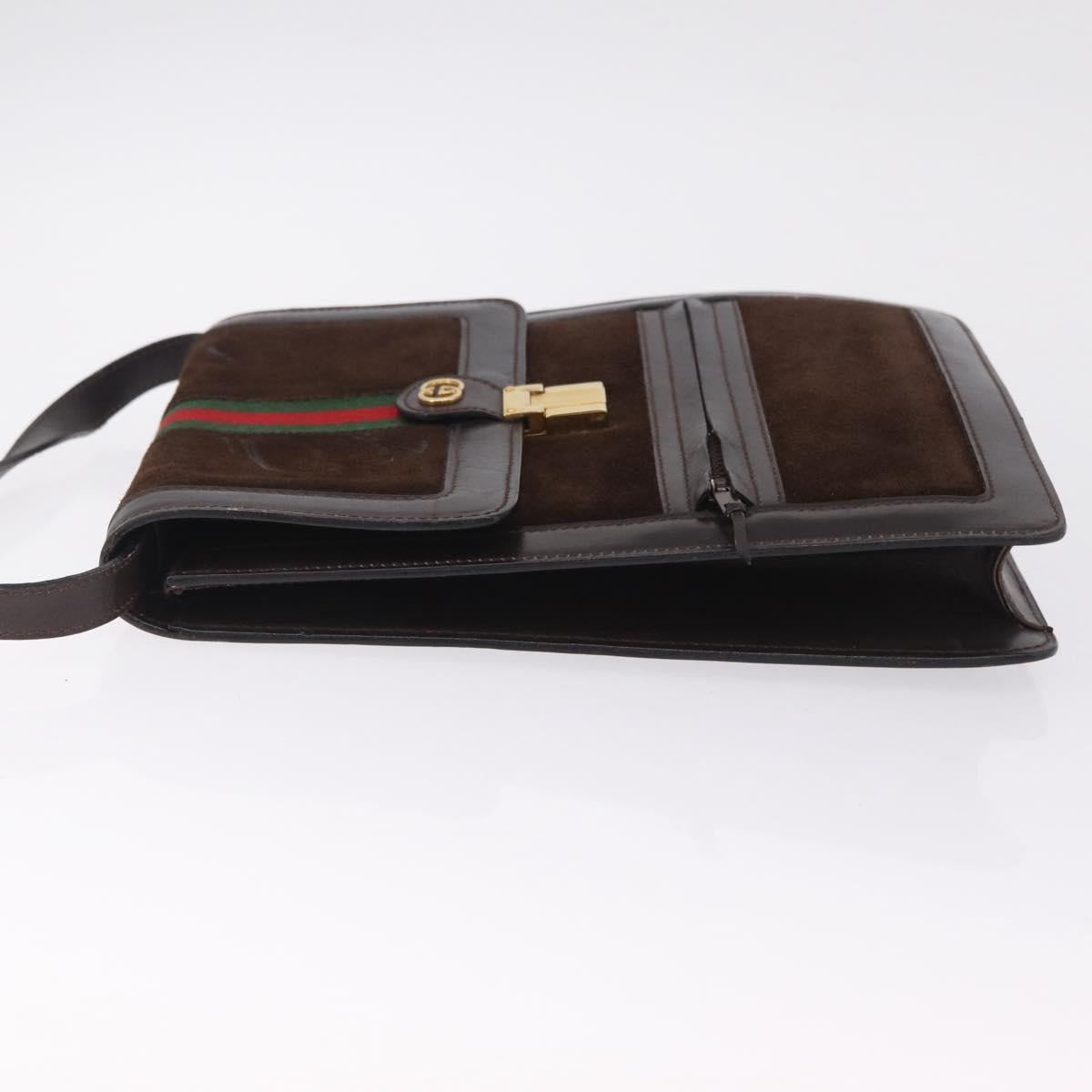 GUCCI Web Sherry Line Shoulder Bag Suede Brown Gold Tone Auth 211045