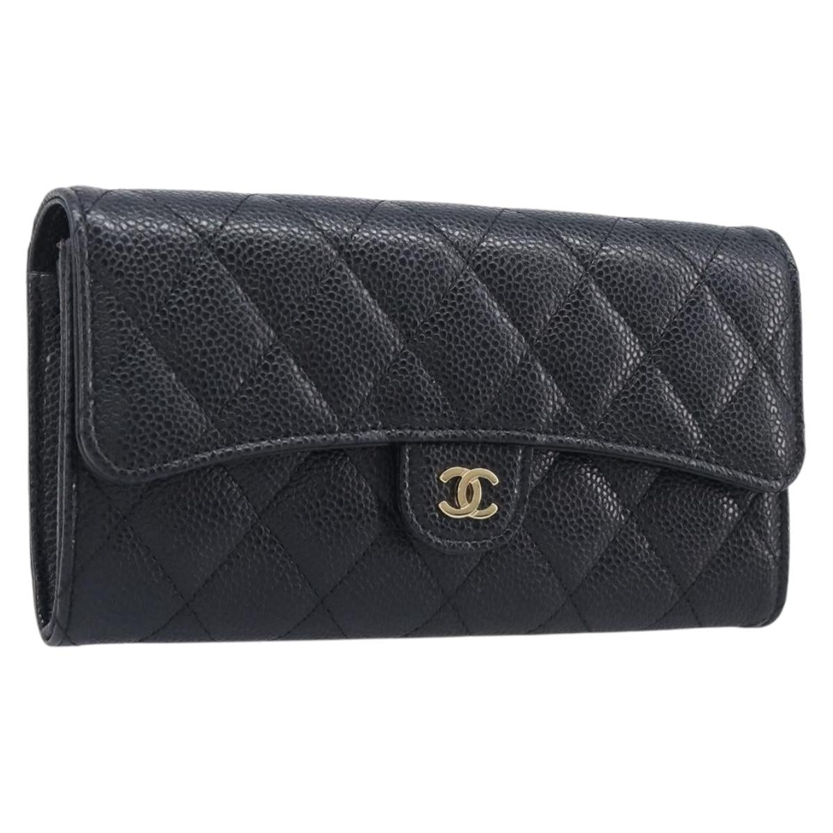 CHANEL Matelasse Long Wallet Caviar Skin Black Gold CC Auth 211076M