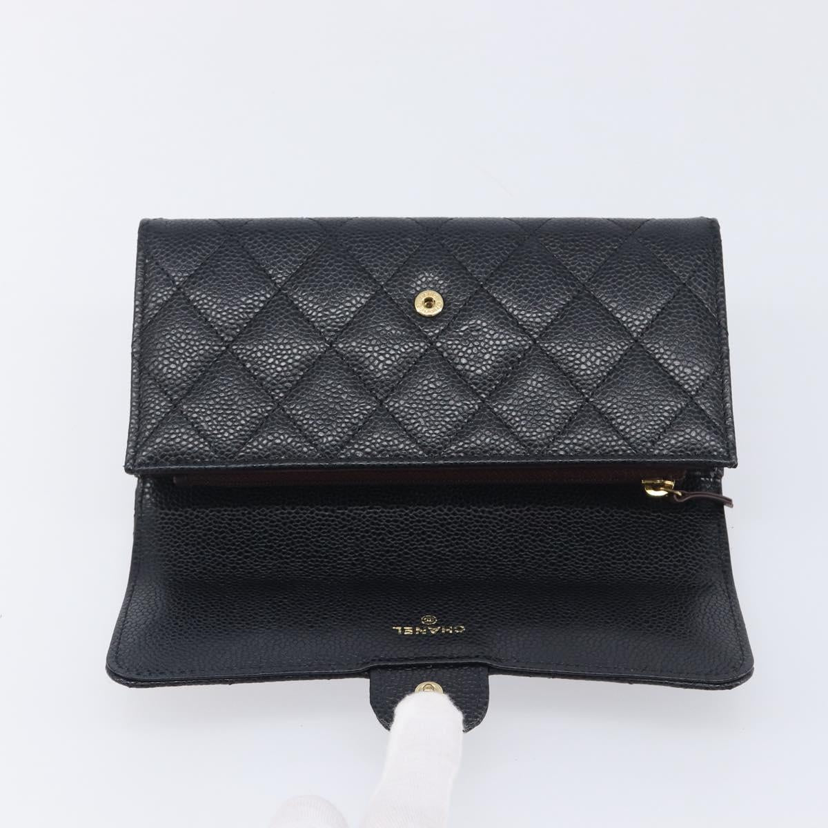 CHANEL Matelasse Long Wallet Caviar Skin Black Gold CC Auth 211076M