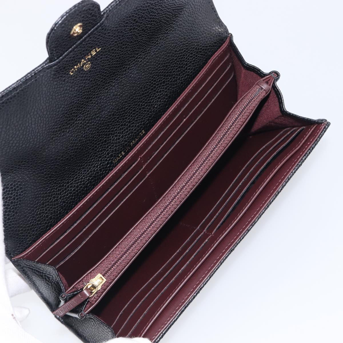CHANEL Matelasse Long Wallet Caviar Skin Black Gold CC Auth 211076M