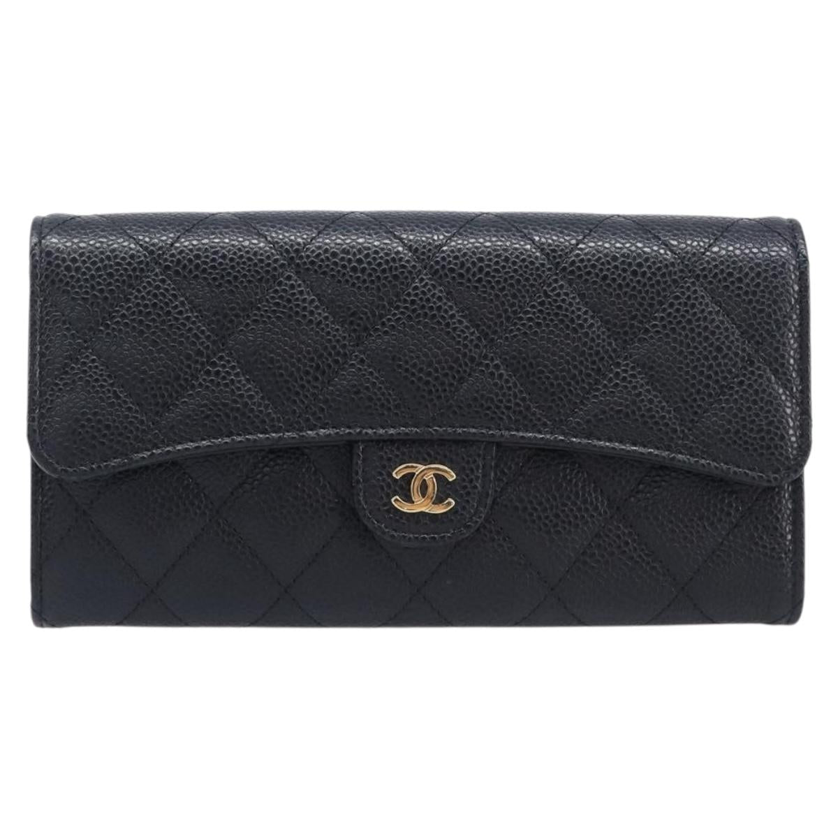 CHANEL Matelasse Long Wallet Caviar Skin Black Gold CC Auth 211076M