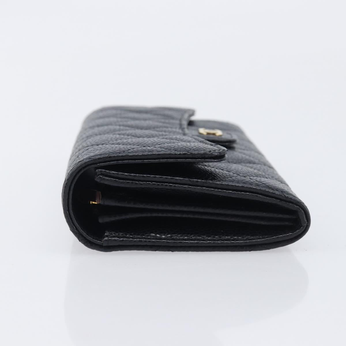 CHANEL Matelasse Long Wallet Caviar Skin Black Gold CC Auth 211076M