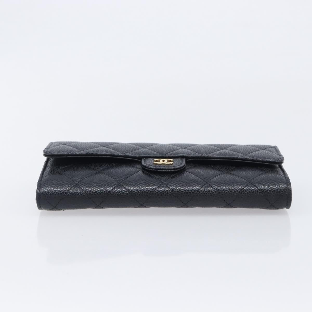 CHANEL Matelasse Long Wallet Caviar Skin Black Gold CC Auth 211076M