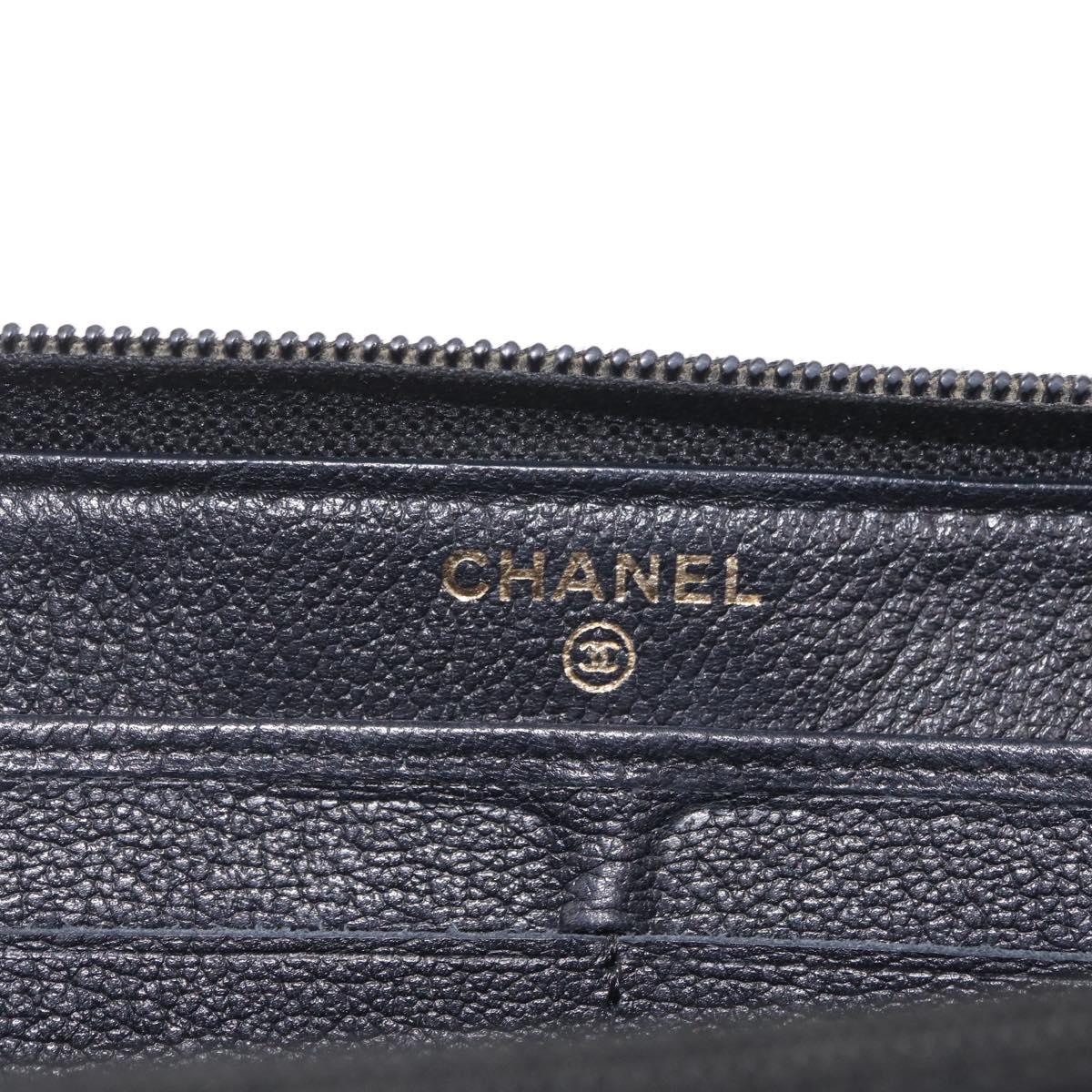 CHANEL Camelia Long Wallet Leather Black Gold Tone CC Auth 211077