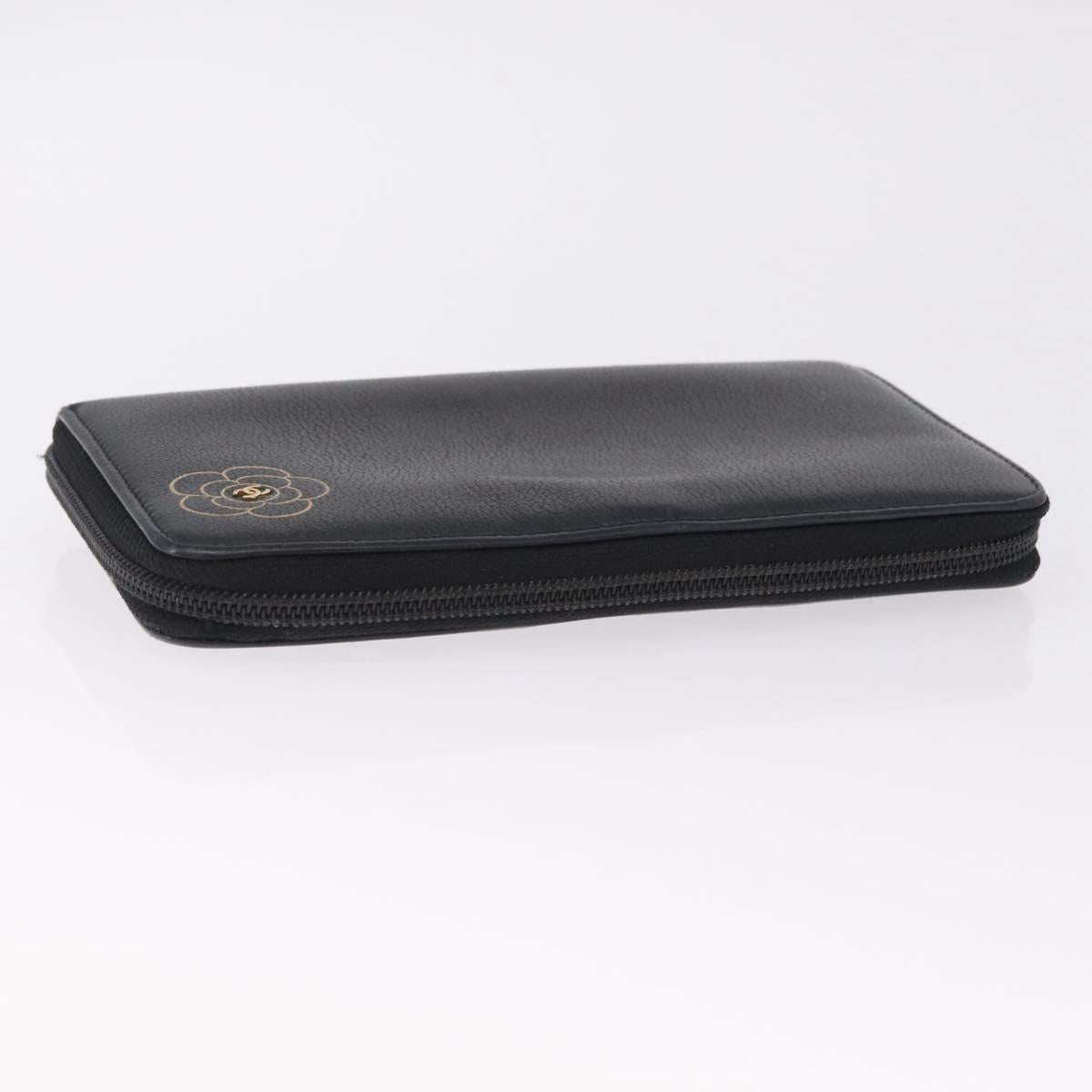 CHANEL Camelia Long Wallet Leather Black Gold Tone CC Auth 211077
