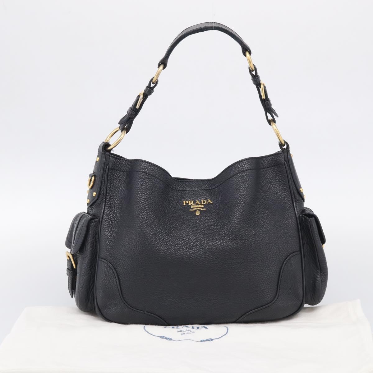 PRADA Shoulder Bag Leather Black Gold Auth 211133V