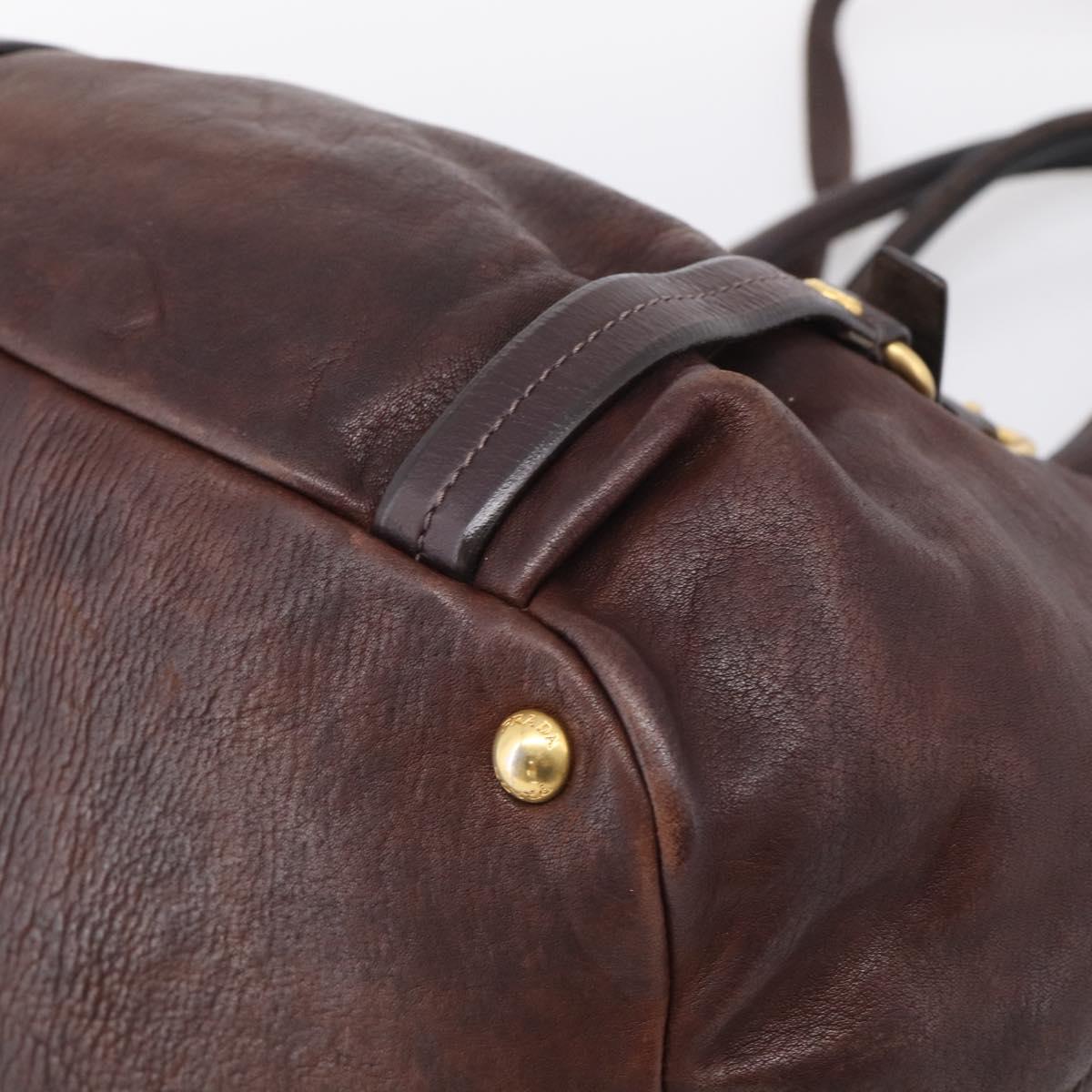PRADA Tote Bag Leather 2way Brown Gold Auth 211140A