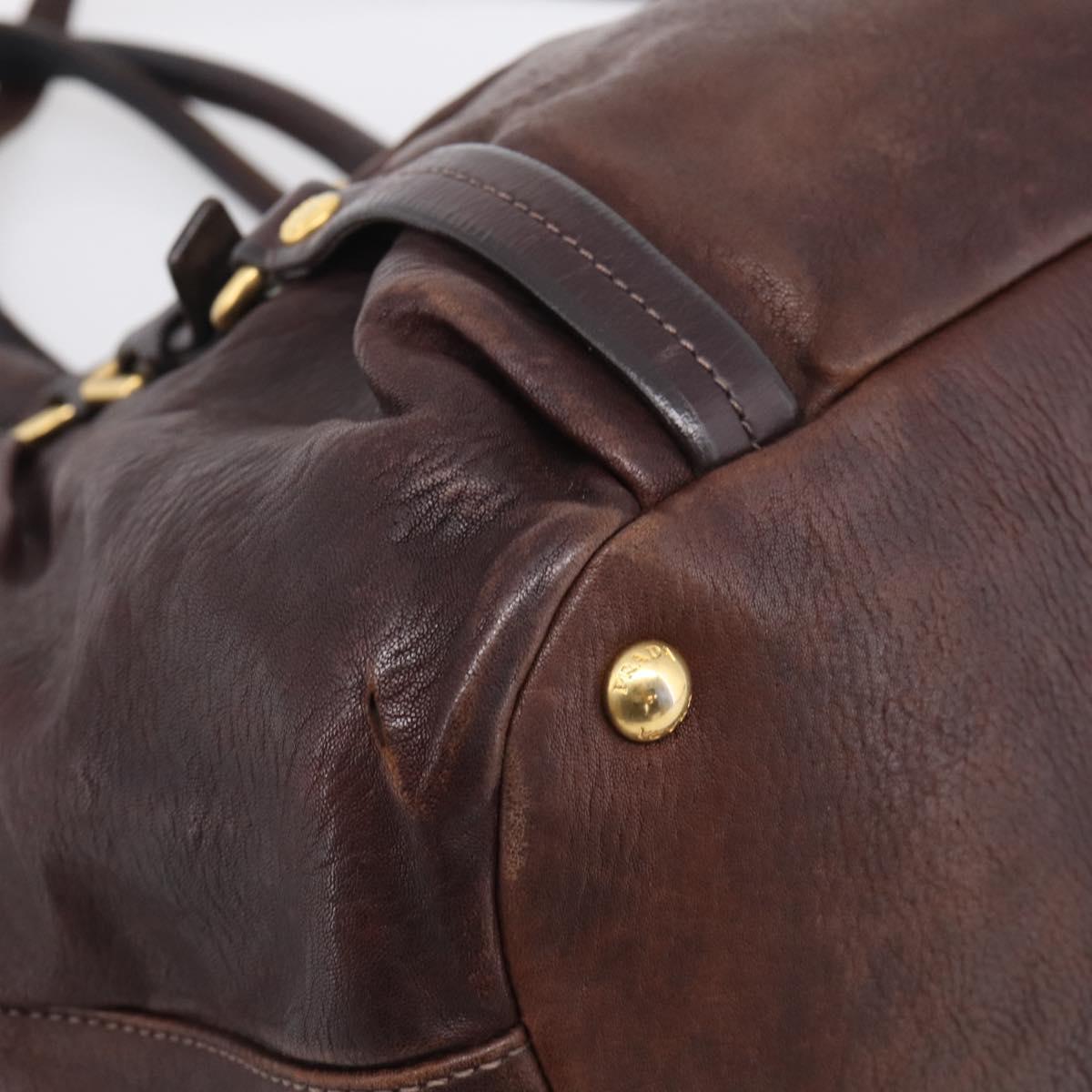 PRADA Tote Bag Leather 2way Brown Gold Auth 211140A