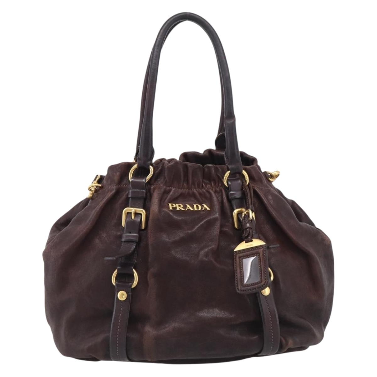 PRADA Tote Bag Leather 2way Brown Gold Auth 211140A