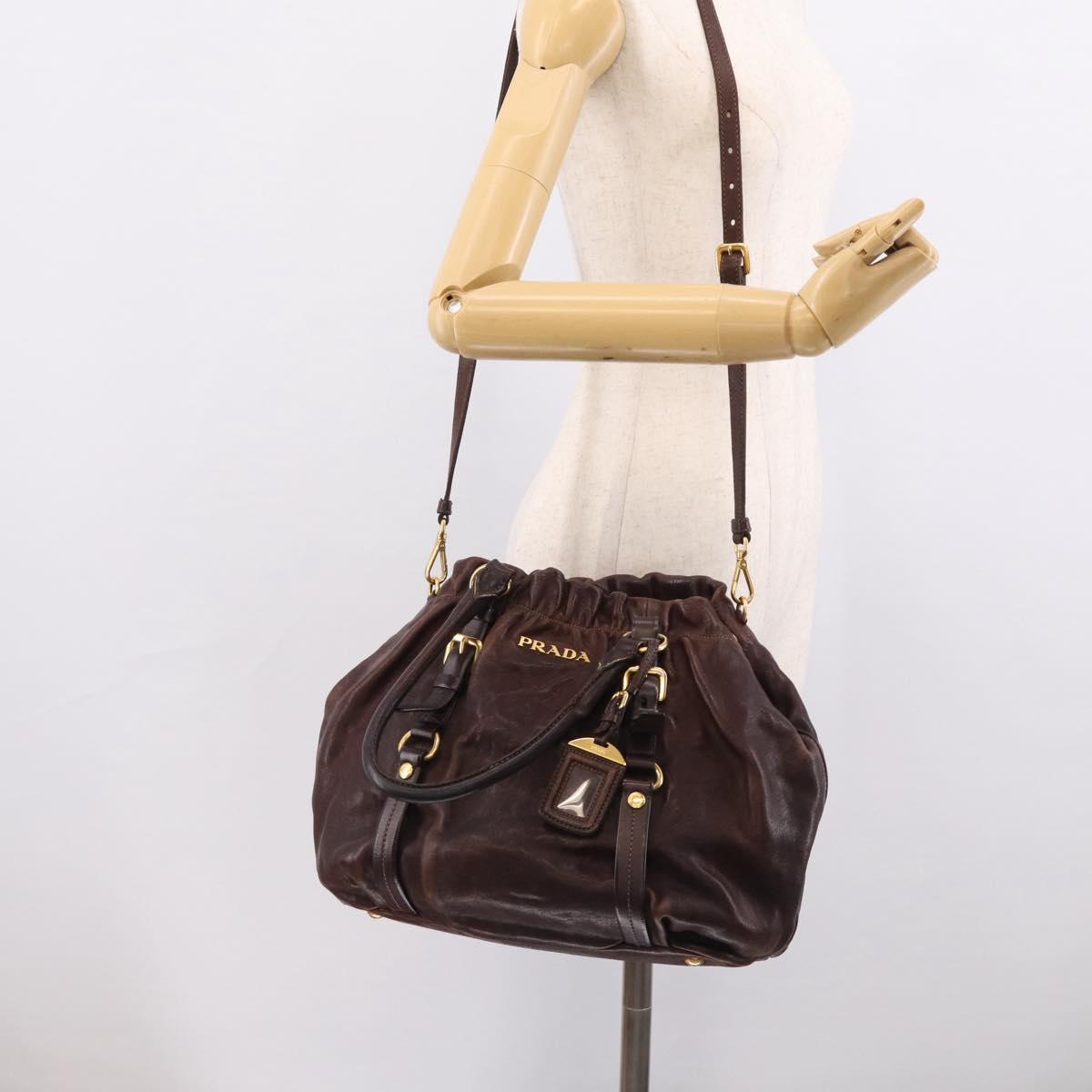 PRADA Tote Bag Leather 2way Brown Gold Auth 211140A
