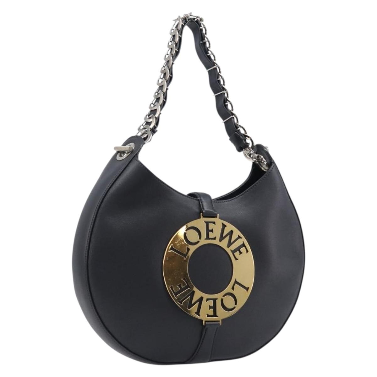 LOEWE Joyce Small Chain Shoulder Bag Leather Black Silver Auth 211155M