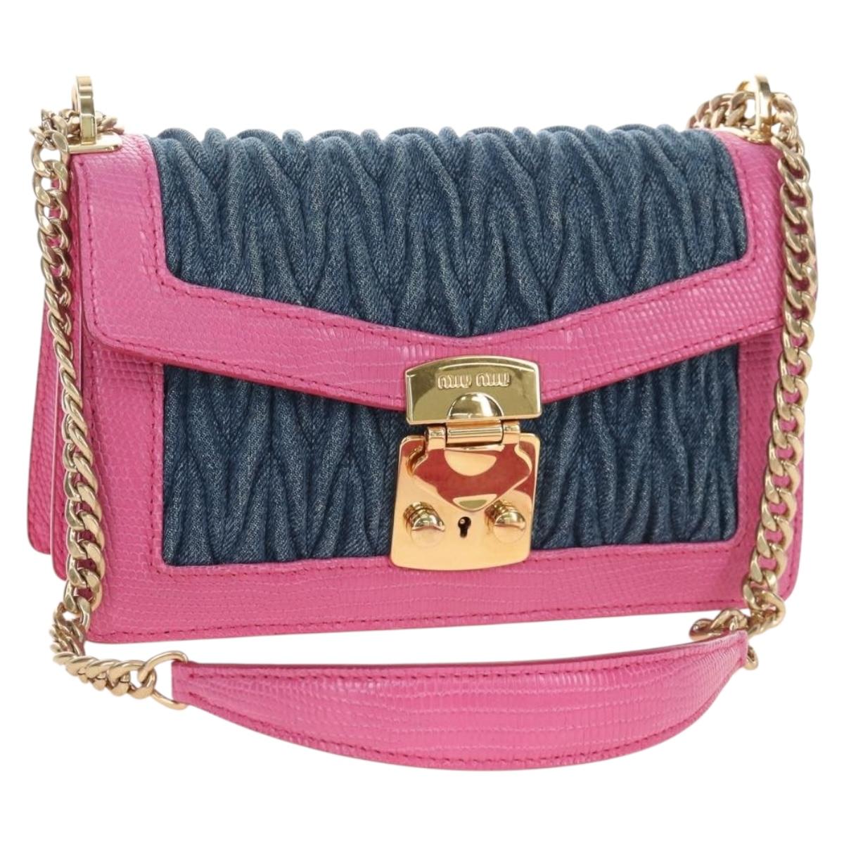 Miu Miu Matelasse Chain Shoulder Bag Denim Leather Navy Gold Tone Auth 211181M