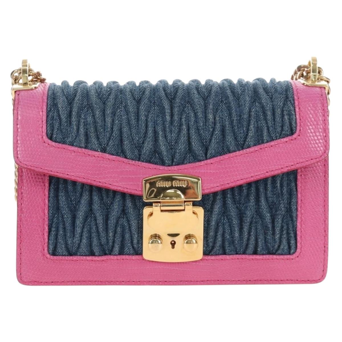 Miu Miu Matelasse Chain Shoulder Bag Denim Leather Navy Gold Tone Auth 211181M