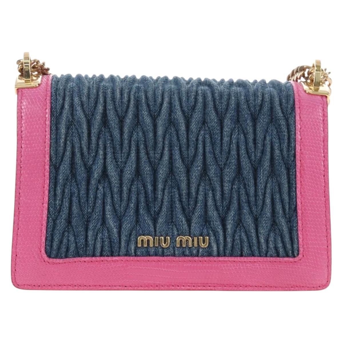 Miu Miu Matelasse Chain Shoulder Bag Denim Leather Navy Gold Tone Auth 211181M