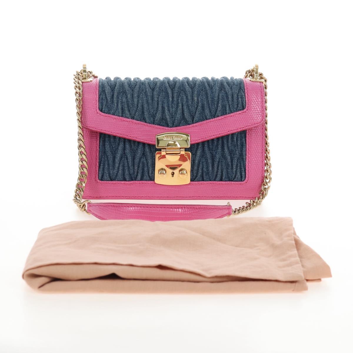 Miu Miu Matelasse Chain Shoulder Bag Denim Leather Navy Gold Tone Auth 211181M