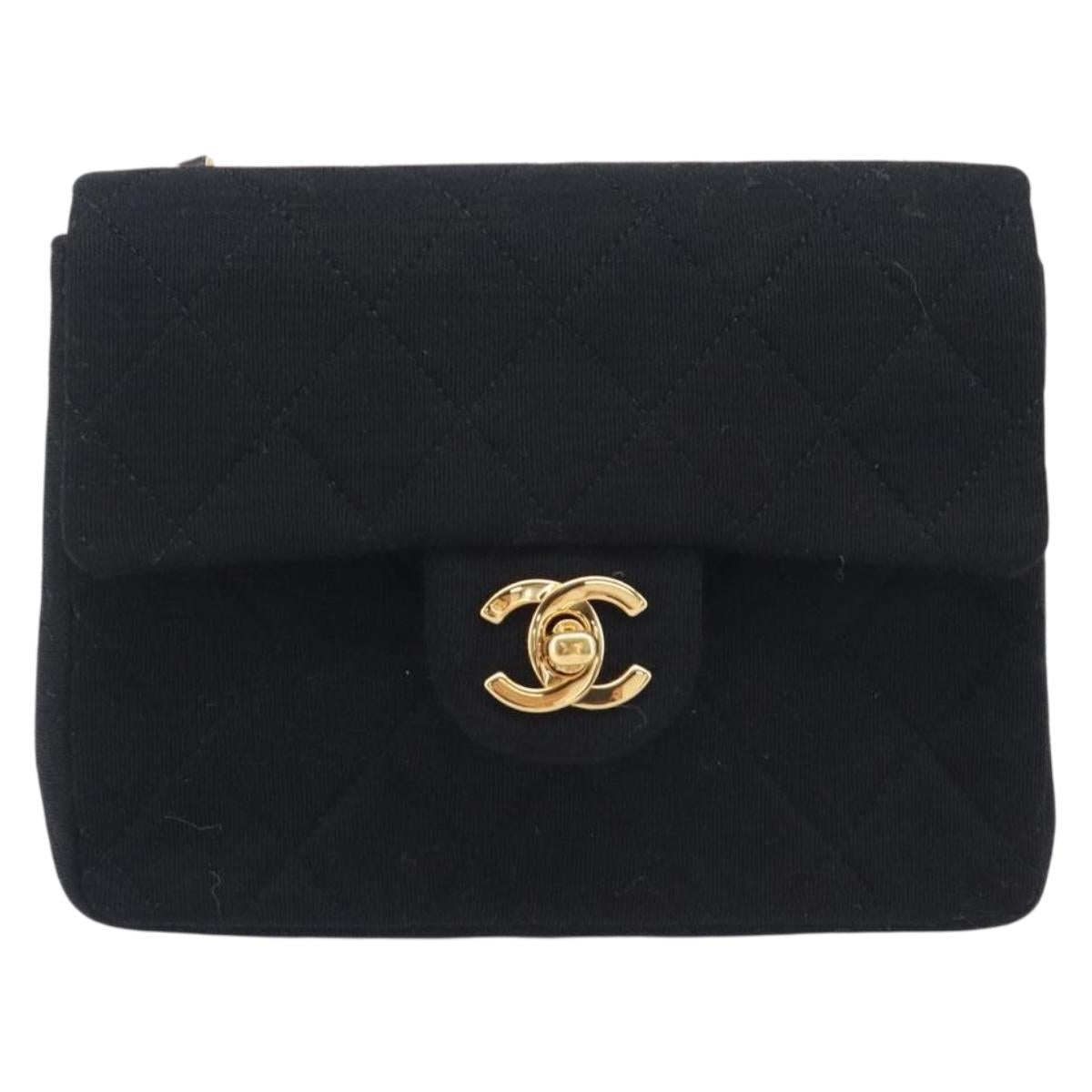 CHANEL Mini Matelasse 18 Chain Shoulder Bag Cotton Black Gold CC Auth 211216SAV