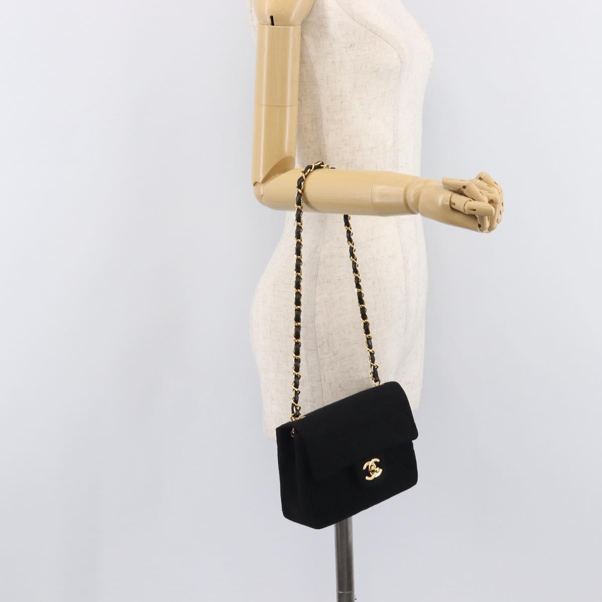 CHANEL Mini Matelasse 18 Chain Shoulder Bag Cotton Black Gold CC Auth 211216SAV