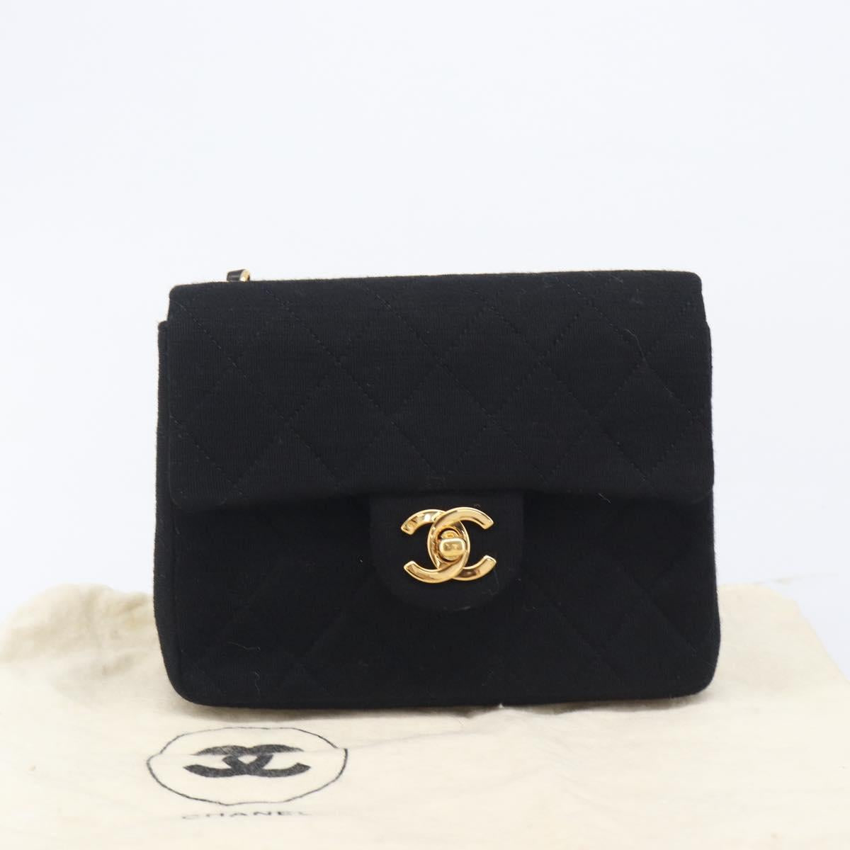 CHANEL Mini Matelasse 18 Chain Shoulder Bag Cotton Black Gold CC Auth 211216SAV